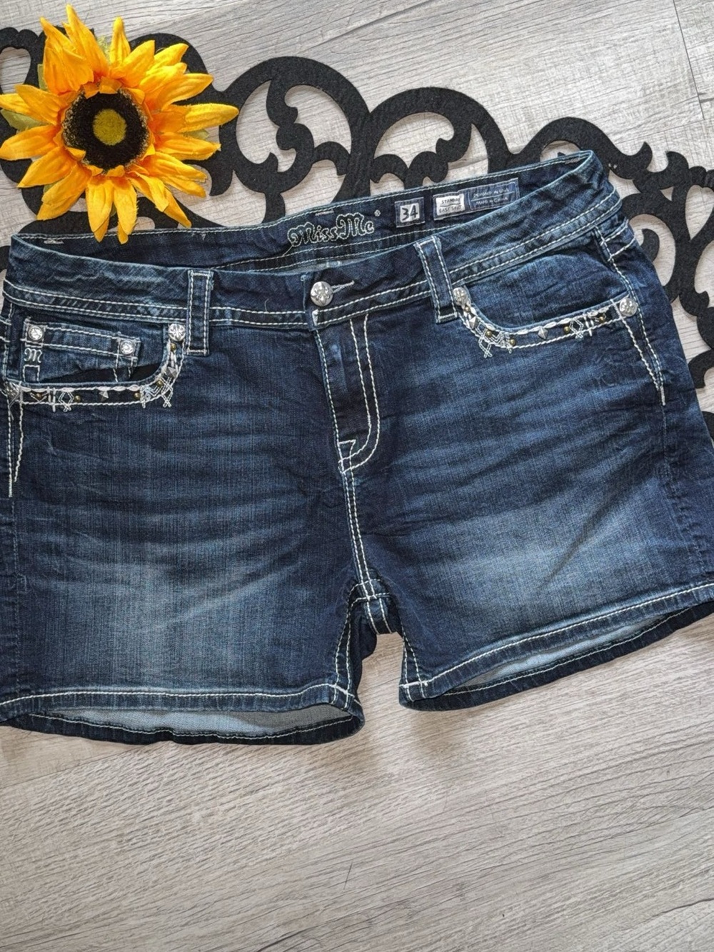 Miss Me Distressed Dark Blue Denim Shorts
